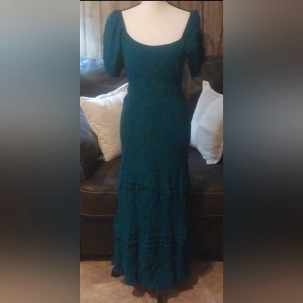 Max + Ash Teal Emerald Green Smocked Gauzy Tiered Puff Sleeve Maxi Dress‎ Boho